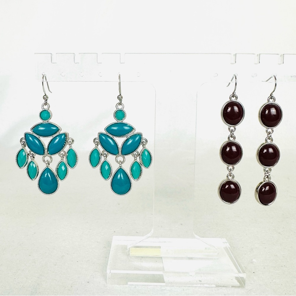 Two Pairs of Earrings Silver Tone Dangle Contemporary Chandelier Faux Stones